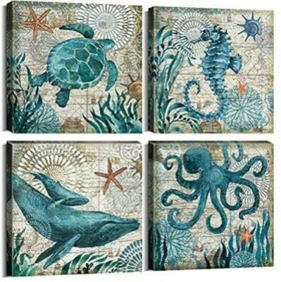 Wall Art Set Vintage Map Overlay Teal Marine Prints