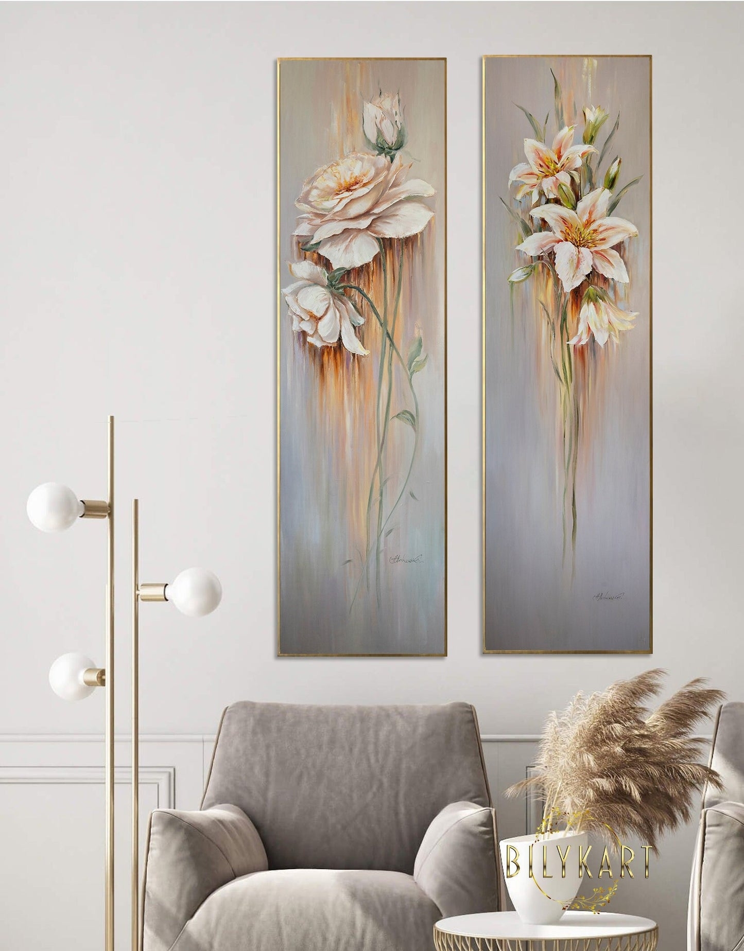 Wall Art: Slim Gold Frame Long Abstract Diptych Painting