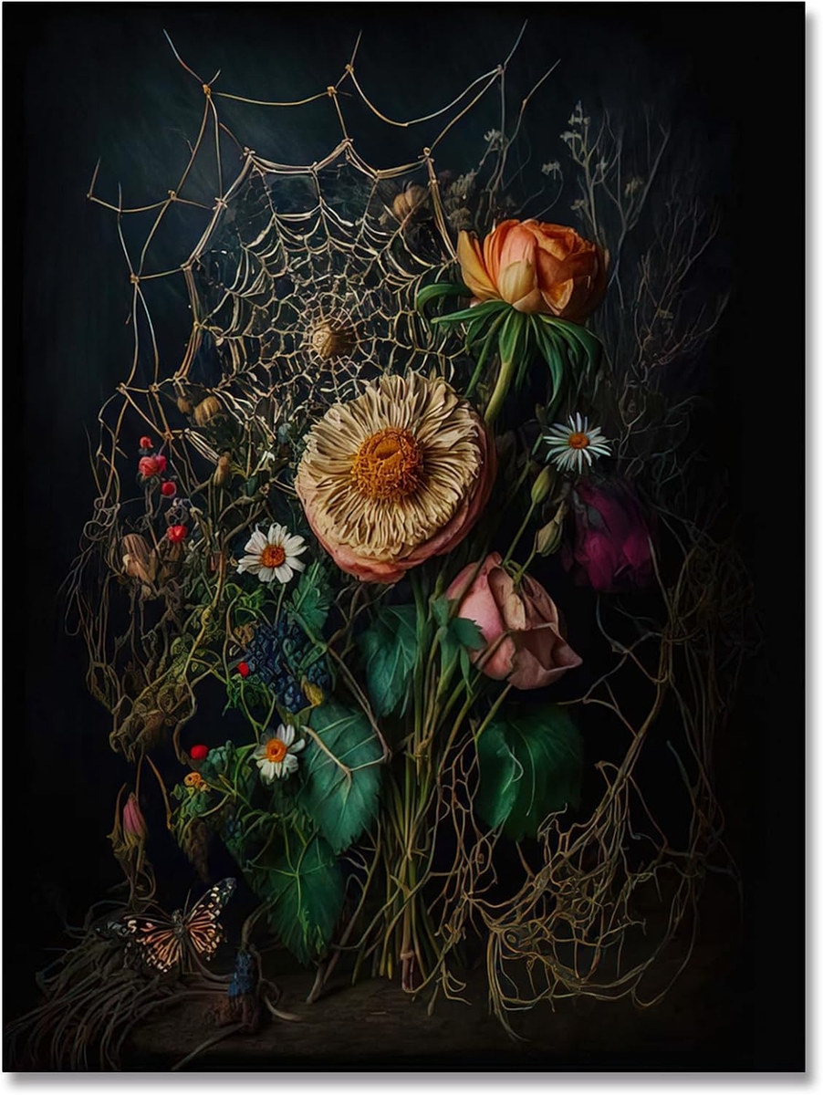 Wall Art: Spiderweb Motif Gothic Floral Botanical Print