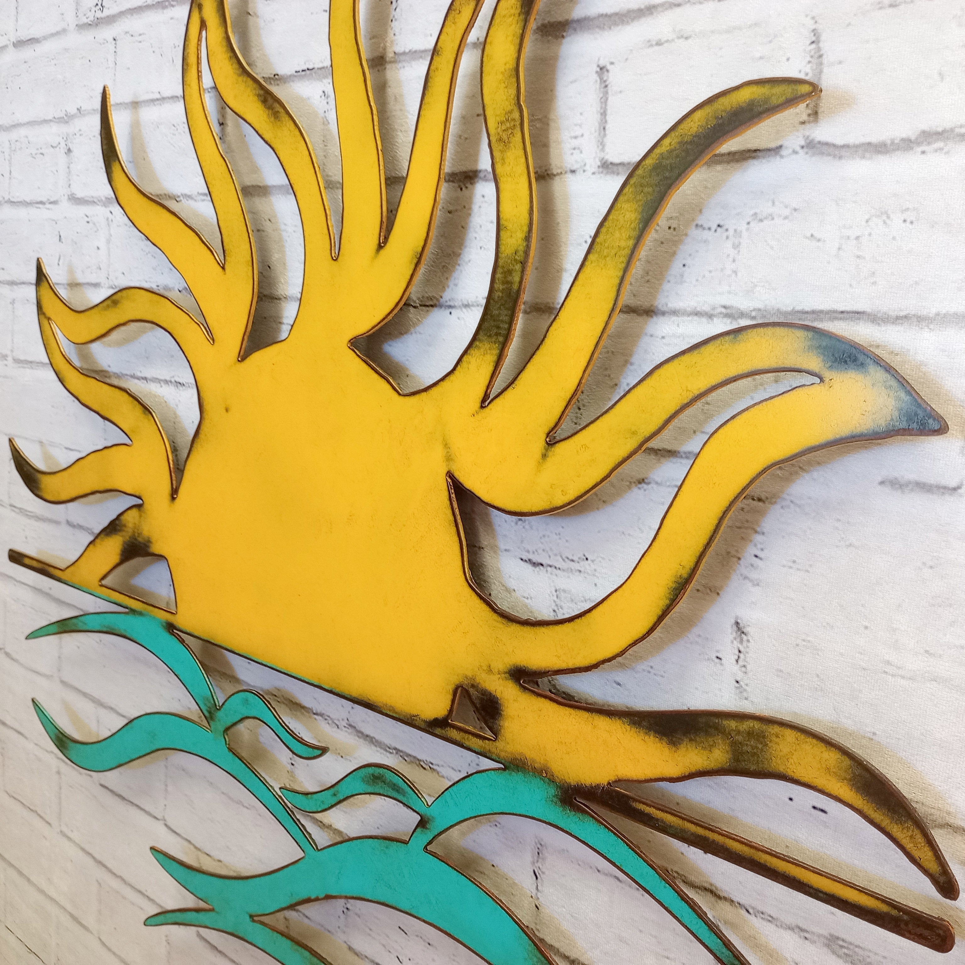 Wall Art Sun Wave Motif Hammered Bronze Coastal Sculpture