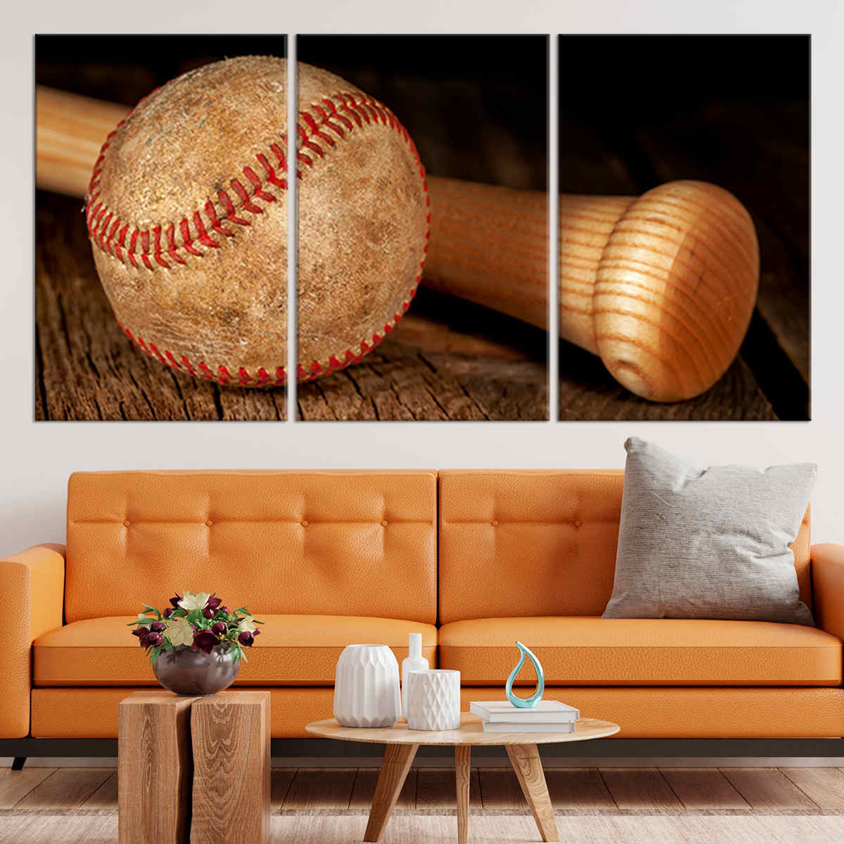 Wall Art: Triptych Amber Orange Baseball Living Room