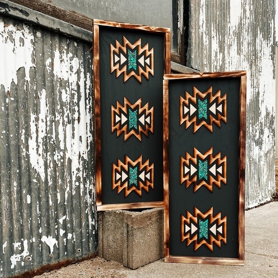 Wall Art: Turquoise Inlay and Black Southwestern Vertical Panel