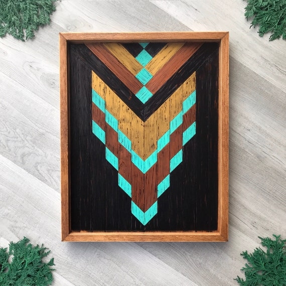 Wall Art: Turquoise Wood Wall Decor with Geometric Chevron Pattern