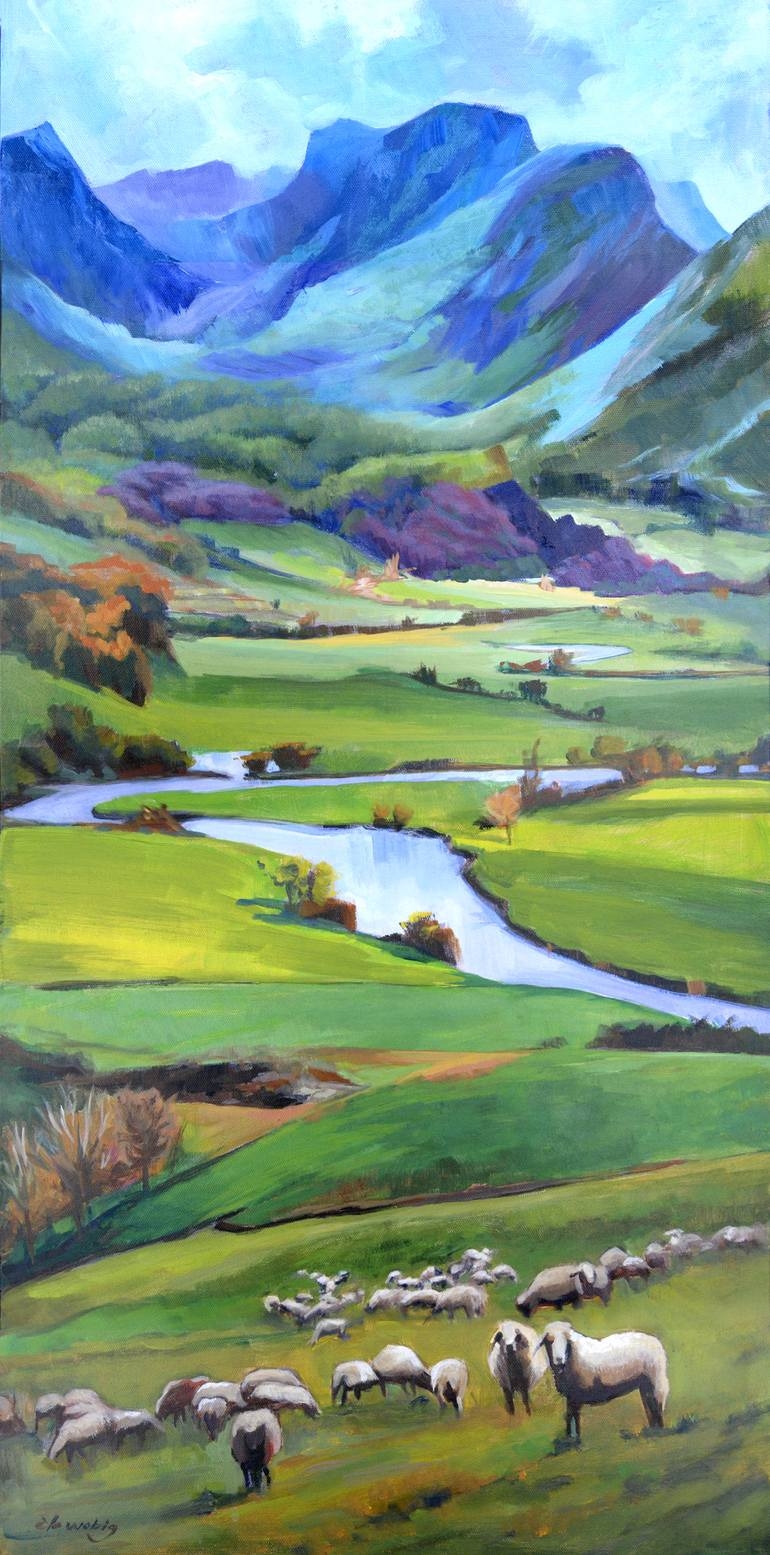 Wall Art Vertical Landscape River Impressionist Sheep Painting