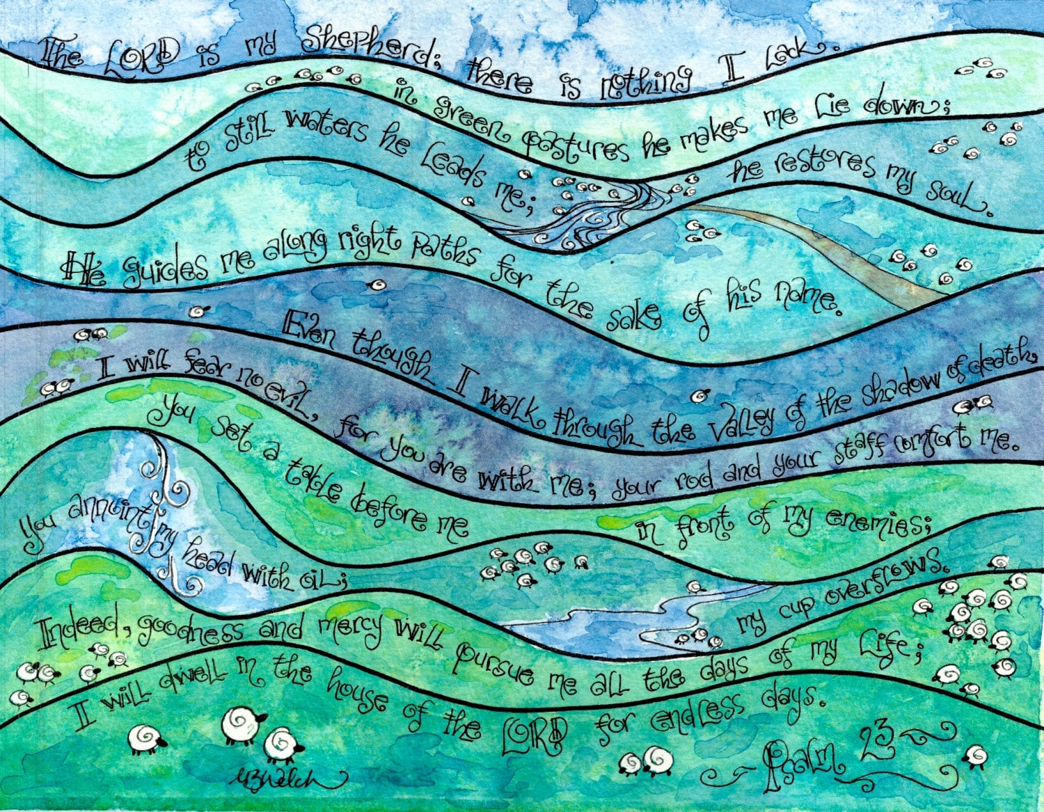 Wall Art Wavy Watercolor Bands Psalm 23 Teal Blue Decor