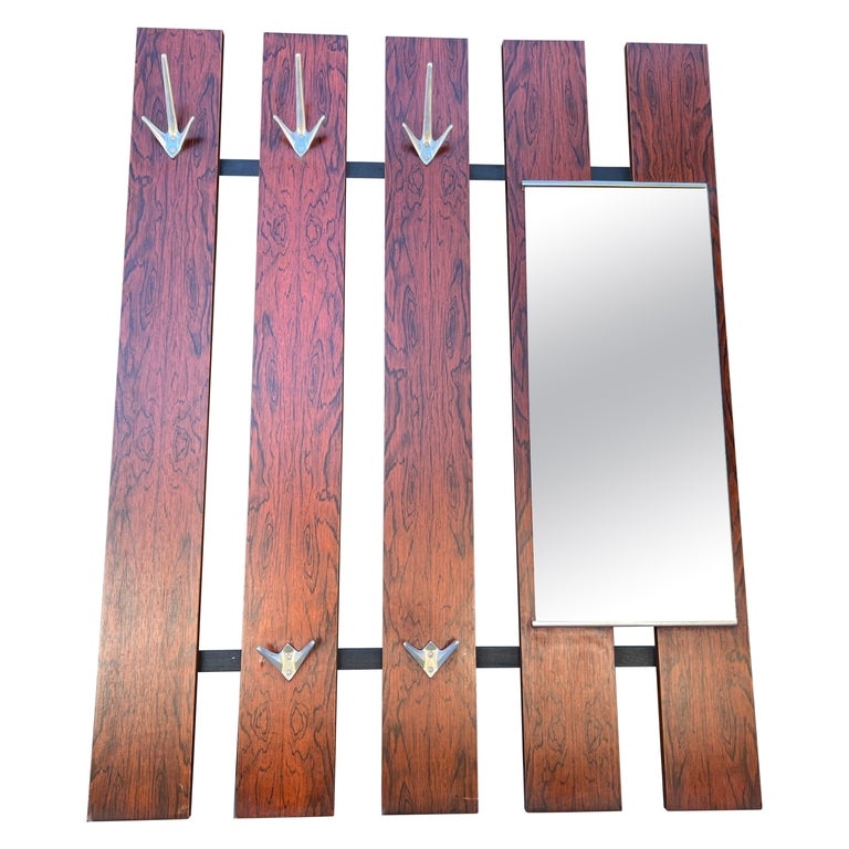 Wall Coat Rack with Vertical Teak Slats and Mirror