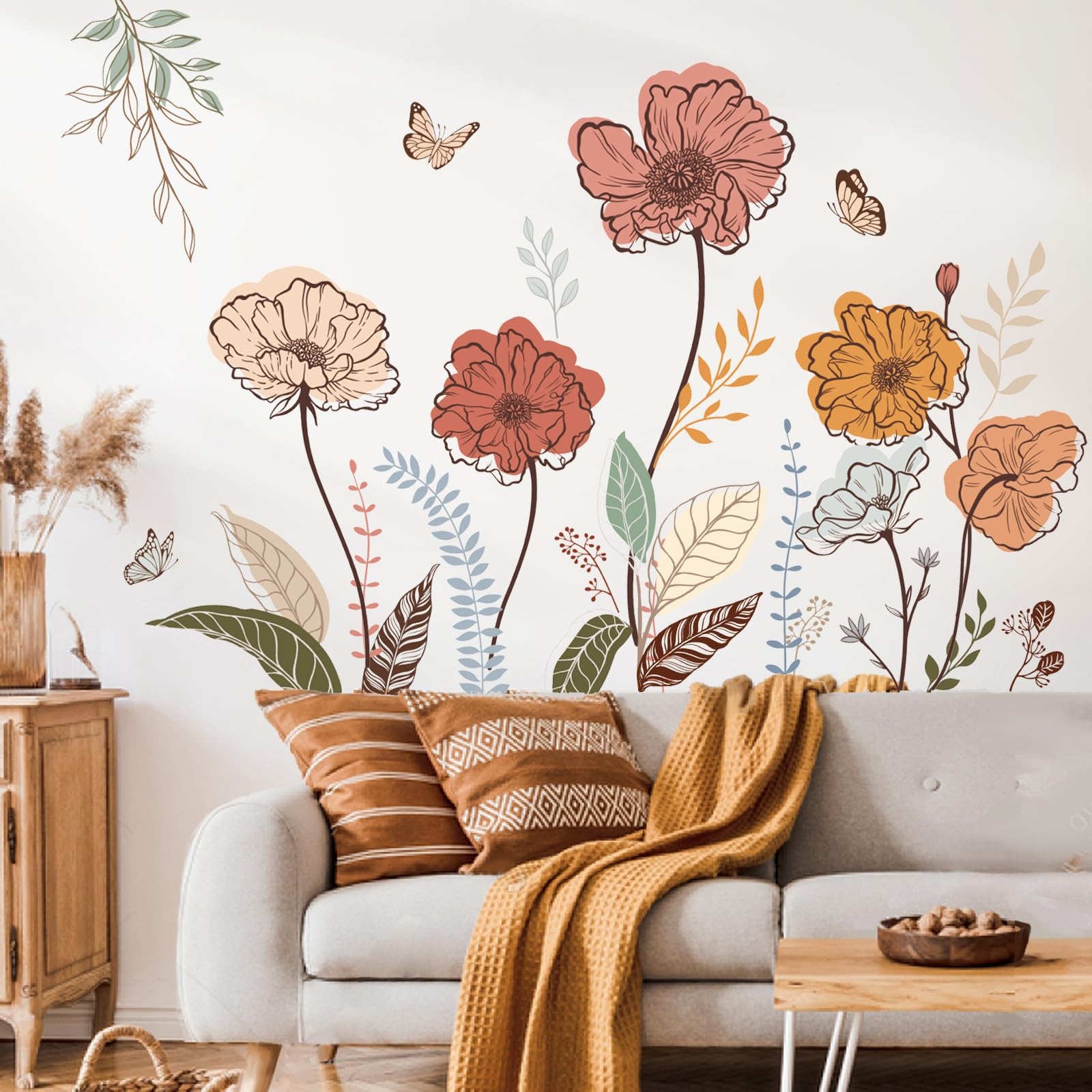 Wall Decal Oversized Florals Sketched Boho Wildflower Art