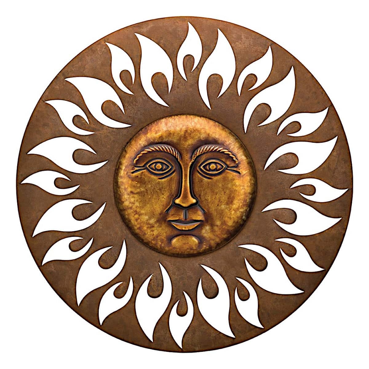 Wall Decor Flame Cutouts Hammered Sun Face Bronze Plaque
