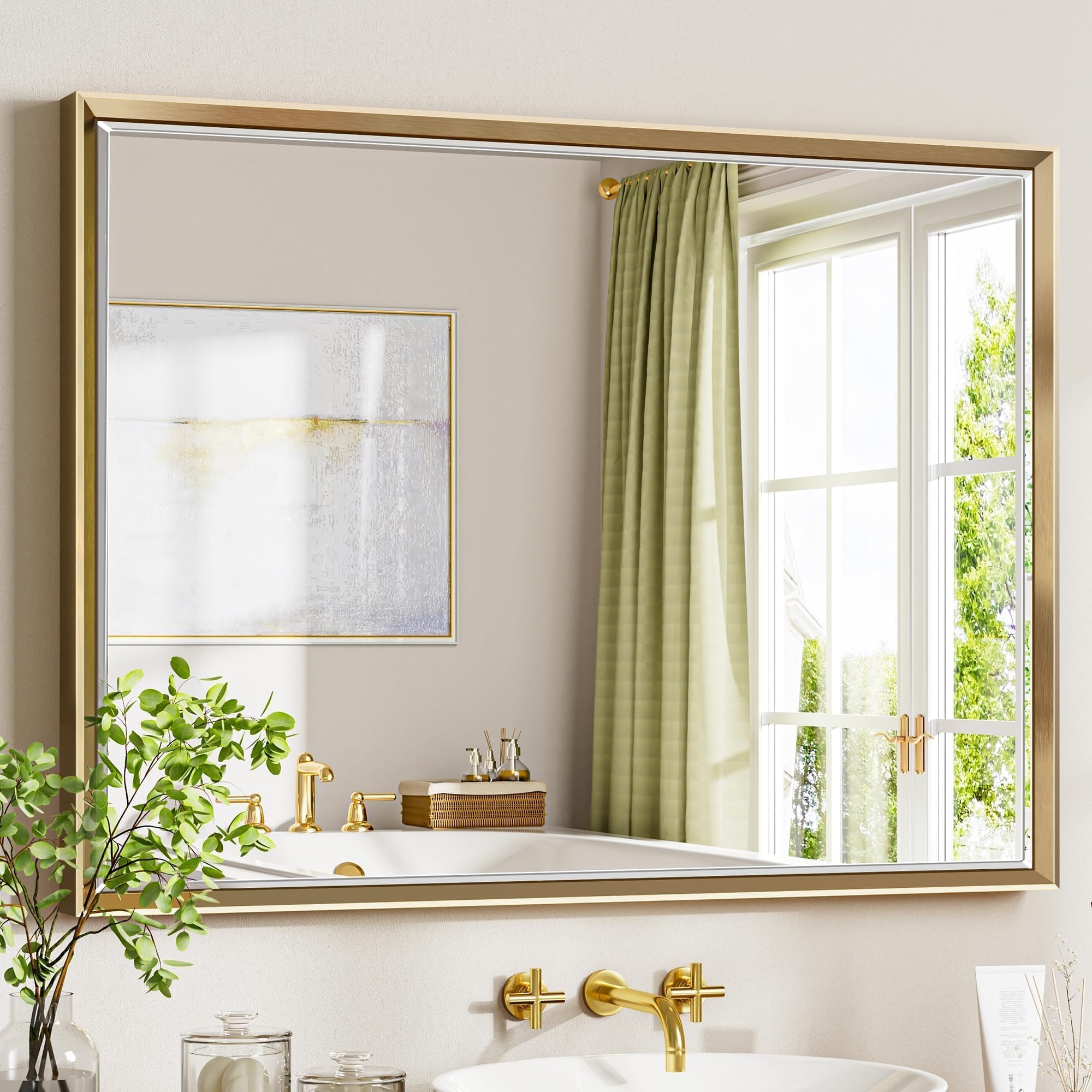 Wall Mirror Beveled Inner Edge Brushed Brass Bathroom Mirror