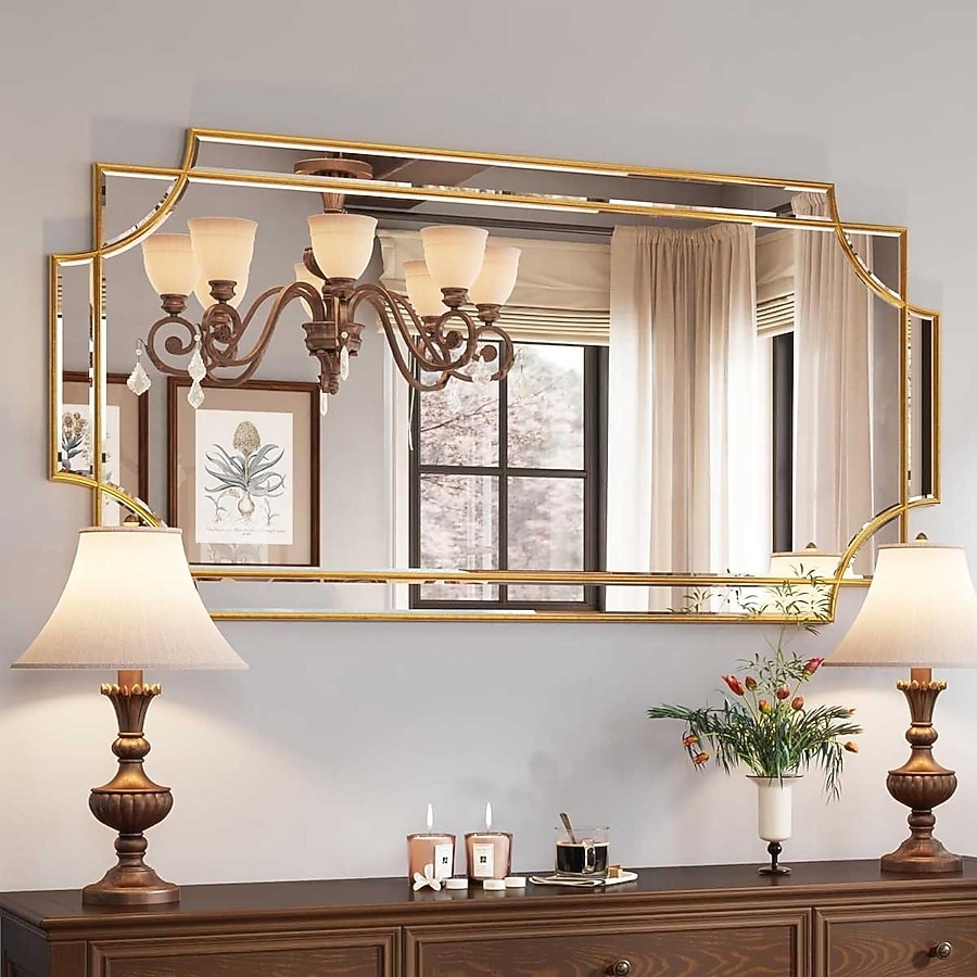 Wall Mirror Stepped Frame Beveled Edge Traditional Brass