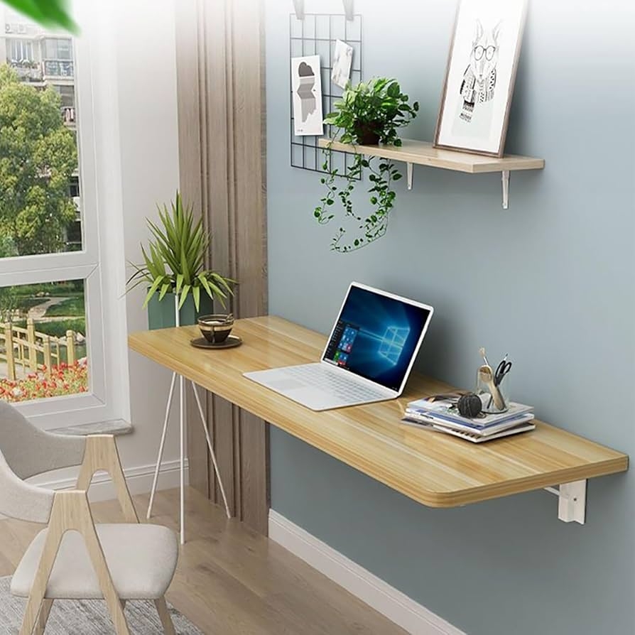 Wall Mounted Desk featuring Slender Metal Legs and Rounded Corners