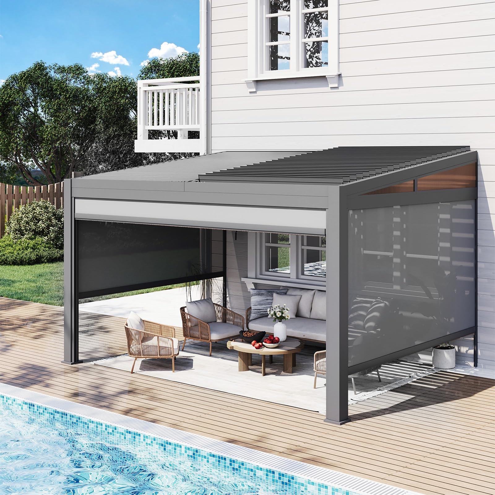 Wall Mounted Pergola Adjustable Louvered Roof Patio