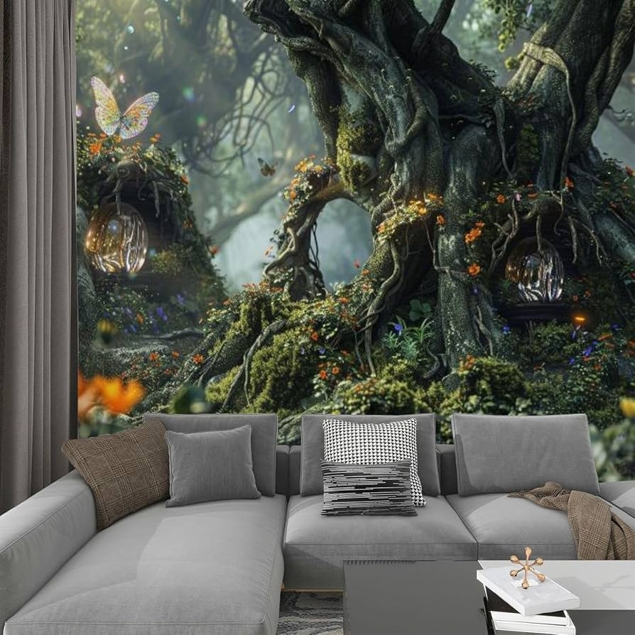 Wall Mural 3D Forest Scene with Glowing Orbs Nature Decor