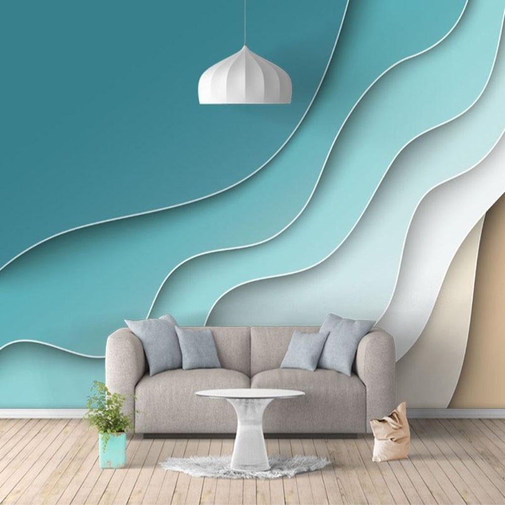 Wall Mural 3D Layered Waves Teal Abstract Sculptural Wall