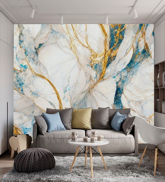 Wall Mural Gold Veined Navy Blue Luxury Marble Wallpaper