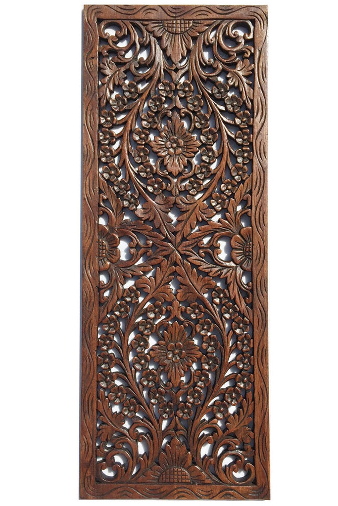 Wall Panel: Dark Walnut Floral Wood Relief Art Accent