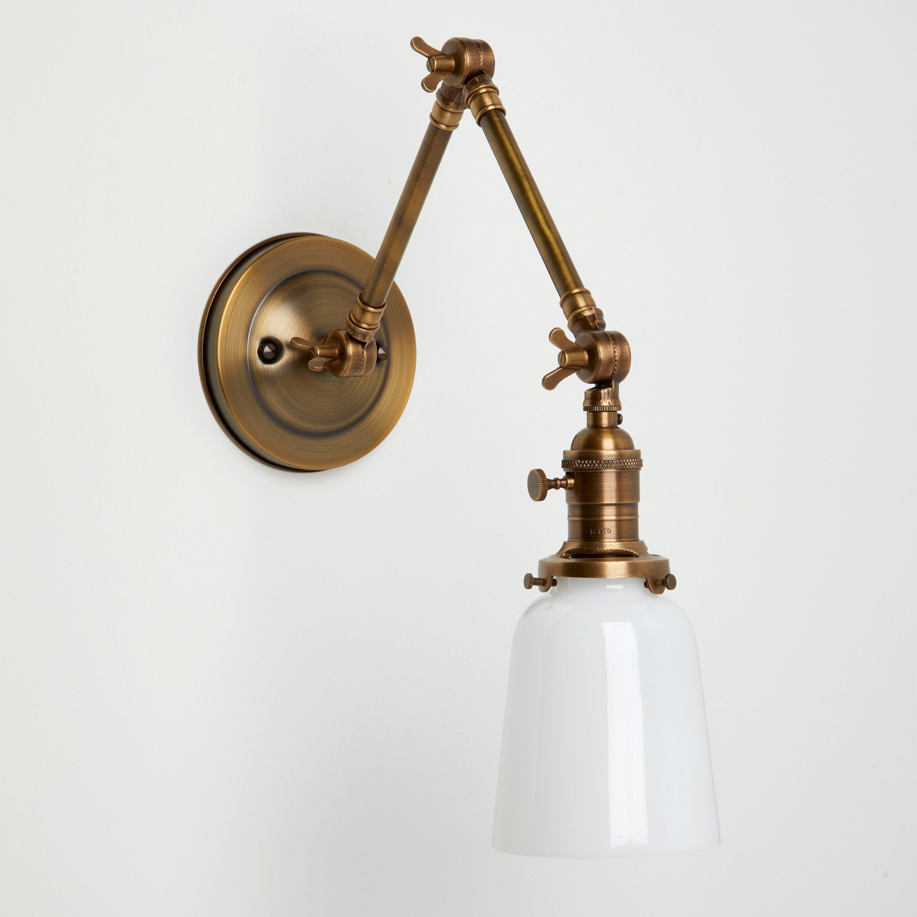 Wall Sconce Articulating Brass Arm White Glass Library Light
