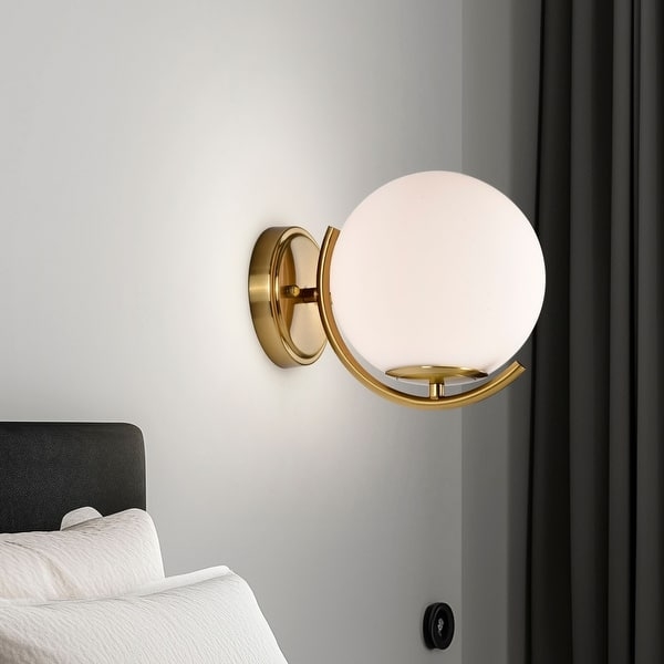 Wall Sconce Curved Arm Polished Opal Glass Sphere Sconce