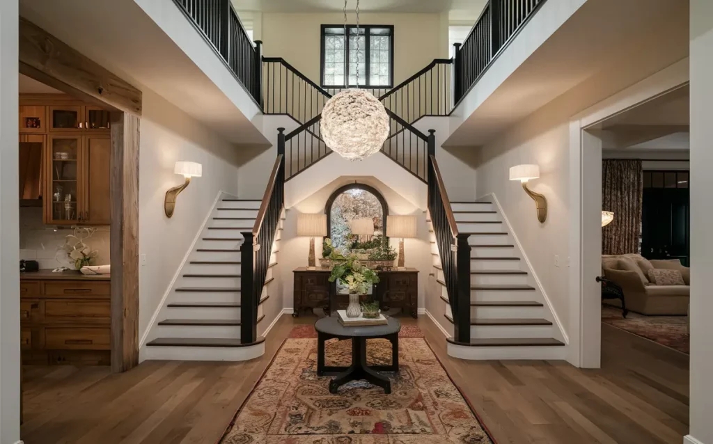 Wall Sconce curved brass arm and symmetrical entryway lighting