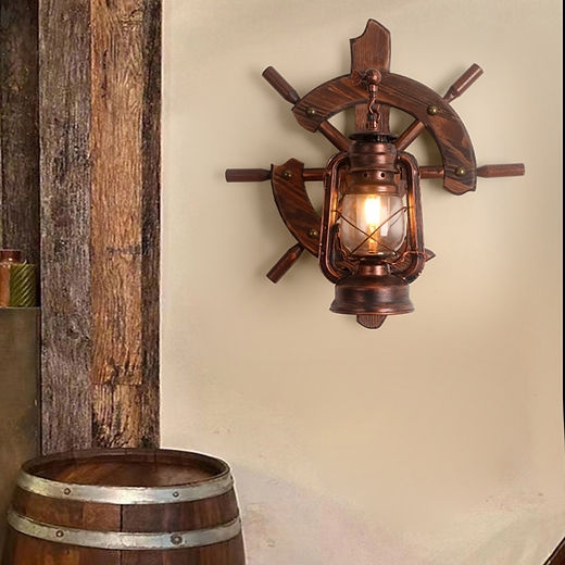 Wall Sconce Oil Lantern Fixture Ship Wheel Backing