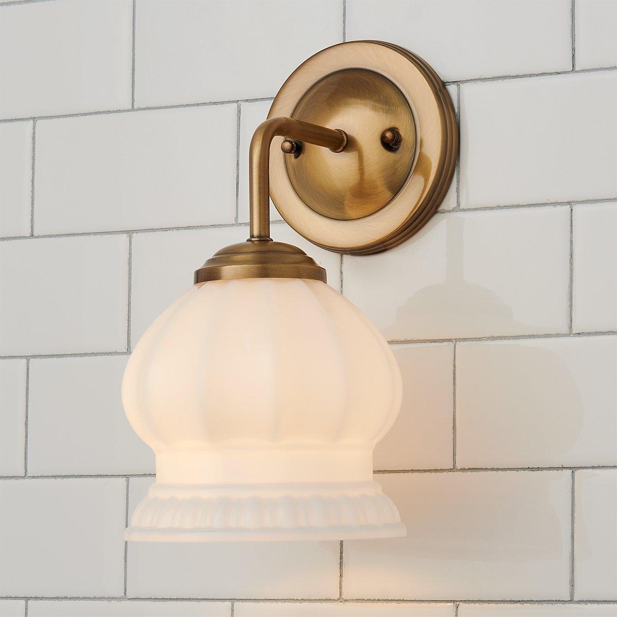 Wall Sconce Ribbed Milk Glass Antique Brass Gooseneck Light
