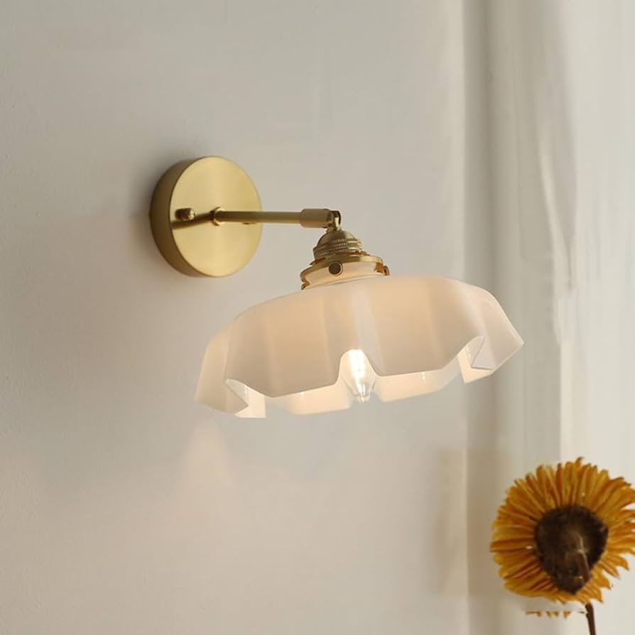 Wall Sconce Ruffled Milk Glass Flower Shape Straight Arm