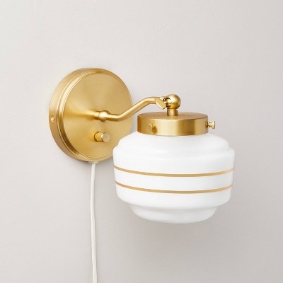 Wall Sconce Striped Milk Glass Schoolhouse Plug-In Lamp