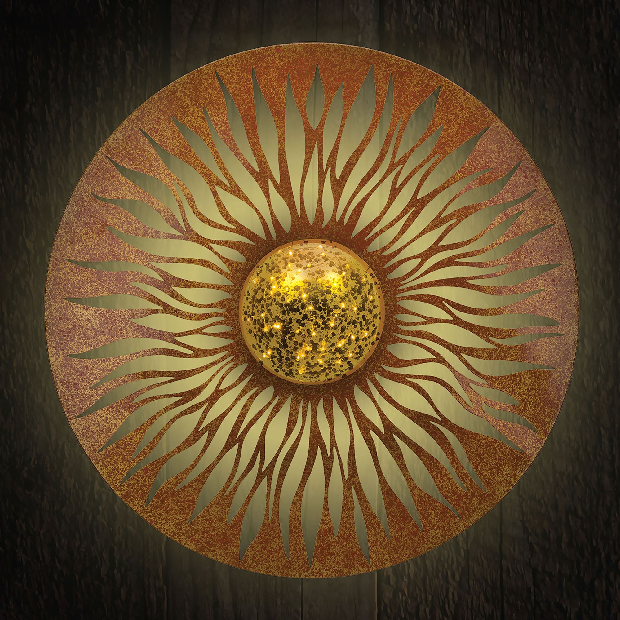 Wall Sculpture Solar Powered Globe Gold Sunburst Medallion