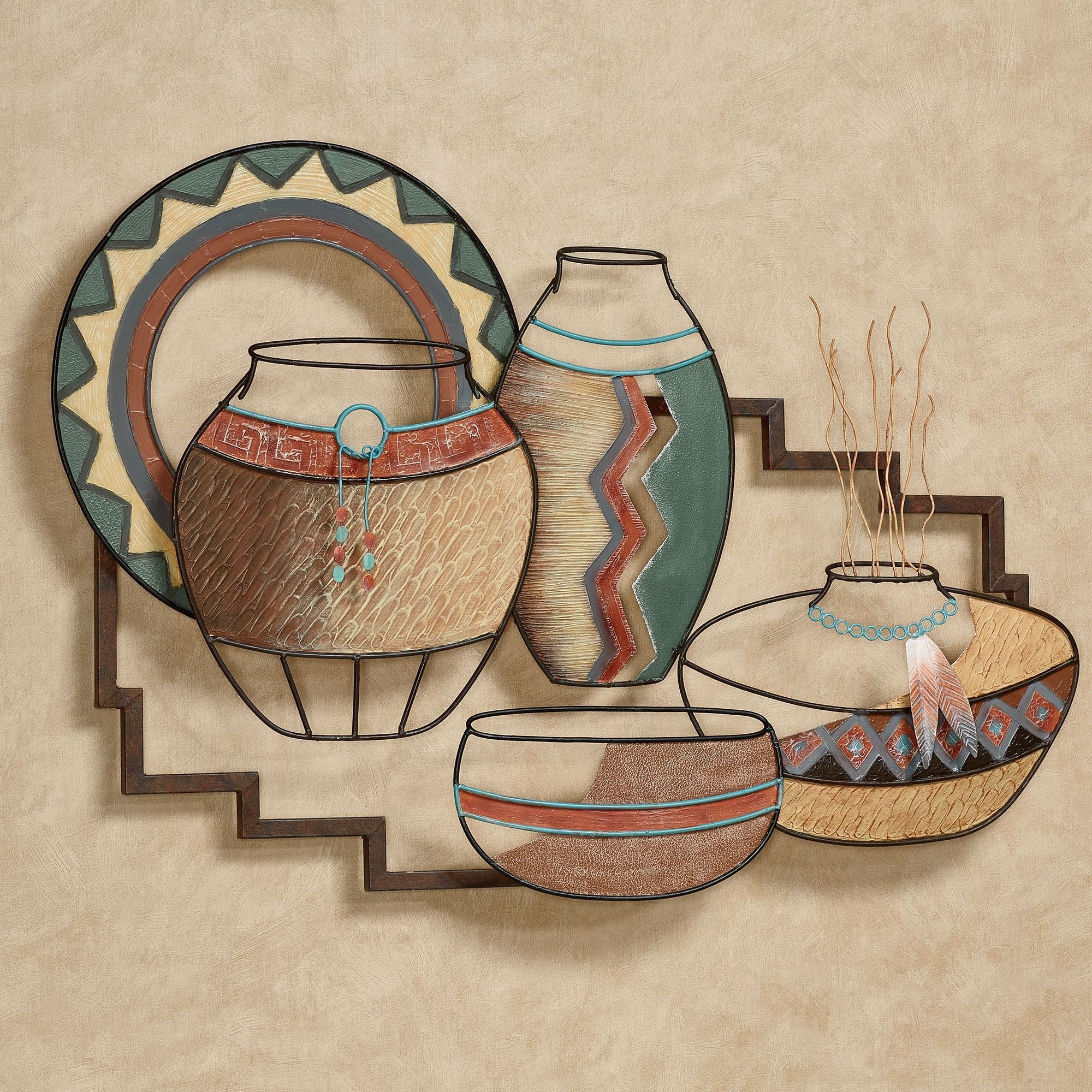 Wall Sculpture: Stepped Metal Frame with Native Style Pottery