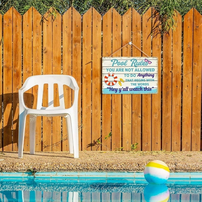 Wall Sign Distressed Metal Rope Hanger and Funny Pool Rules Sign