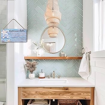 Wall Sign Seafoam Herringbone Tile Bathroom Rules