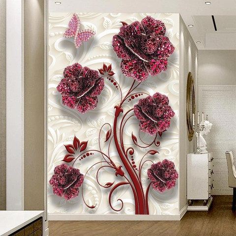 Wall Sticker Jeweled Texture Magenta Floral 3D Mural Art
