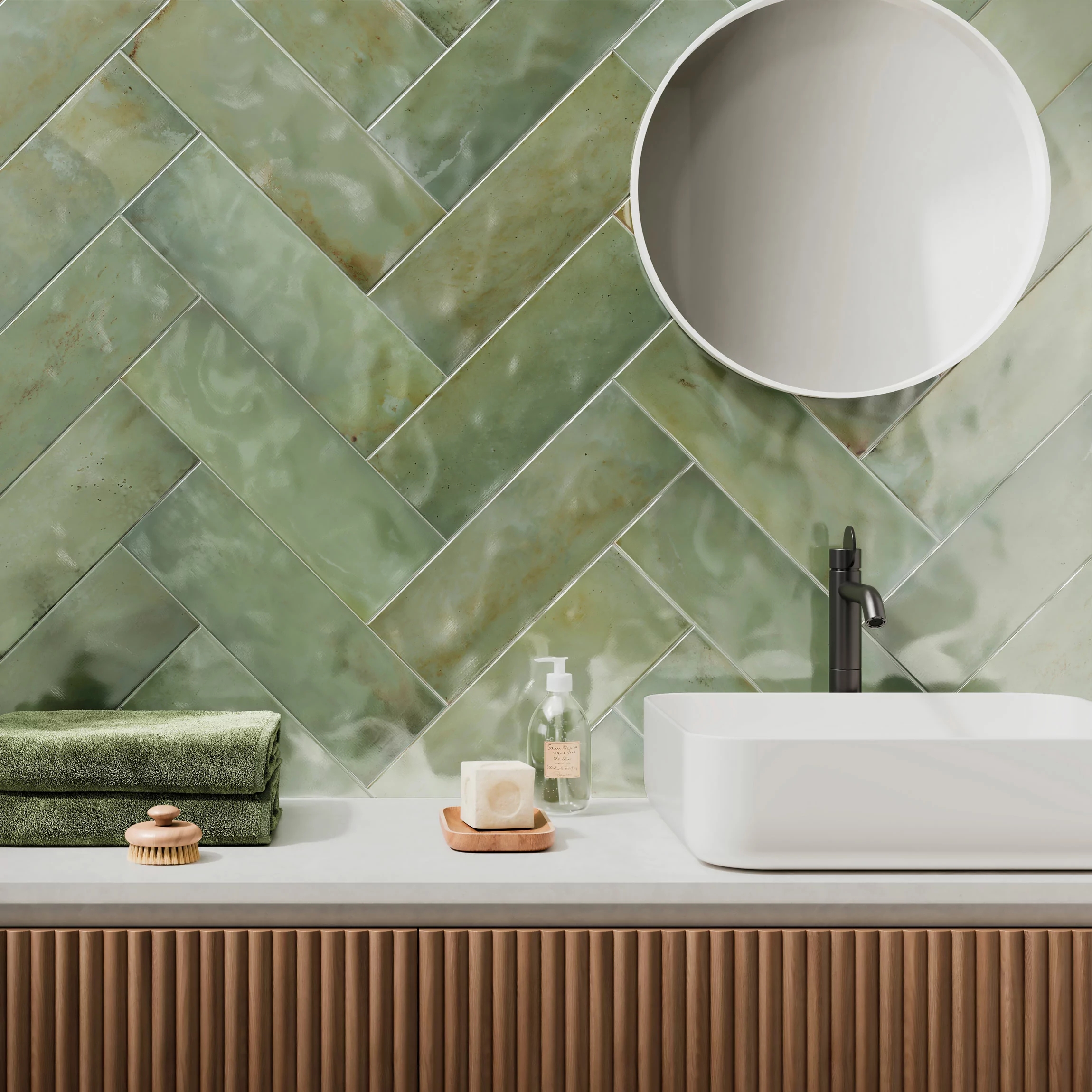 Wall Tile Herringbone Layout Fluted Wood Vanity