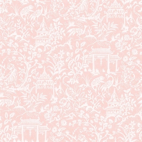 Wallpaper: Blush Chinoiserie Tiger Pagoda Garden Pattern