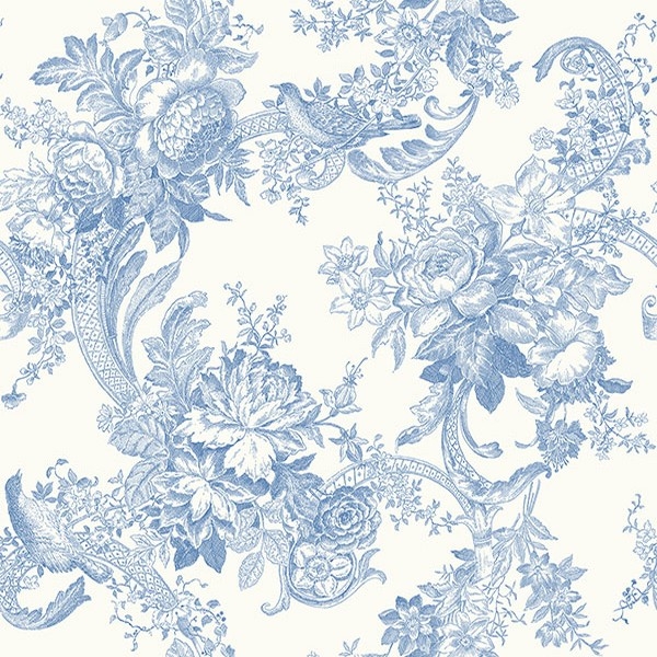 Wallpaper: Cornucopia Scrolls Blue Floral Toile Wallpaper