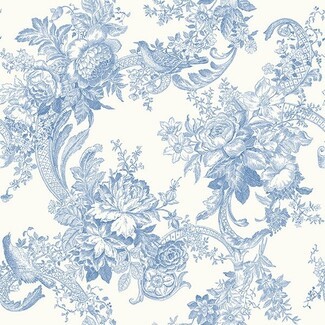 Wallpaper: Cornucopia Scrolls Blue Floral Toile Wallpaper