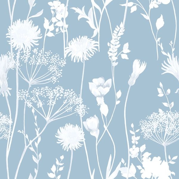 Wallpaper: Dusty Blue Background White Wildflower Wallcovering