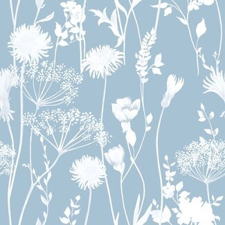 Wallpaper: Dusty Blue Background White Wildflower Wallcovering