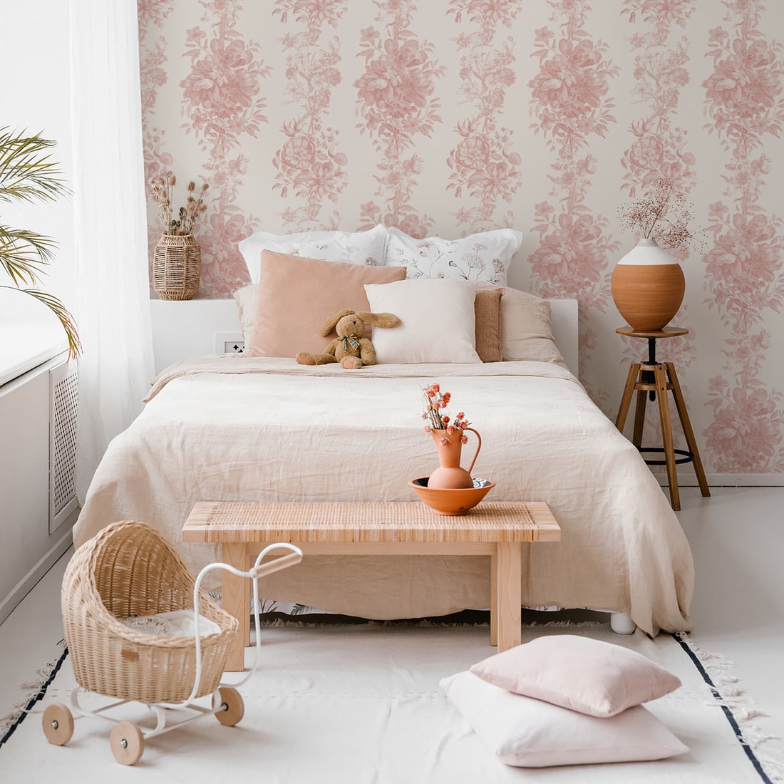 Wallpaper: Dusty Pink Toile Motif Modern Bohemian Style