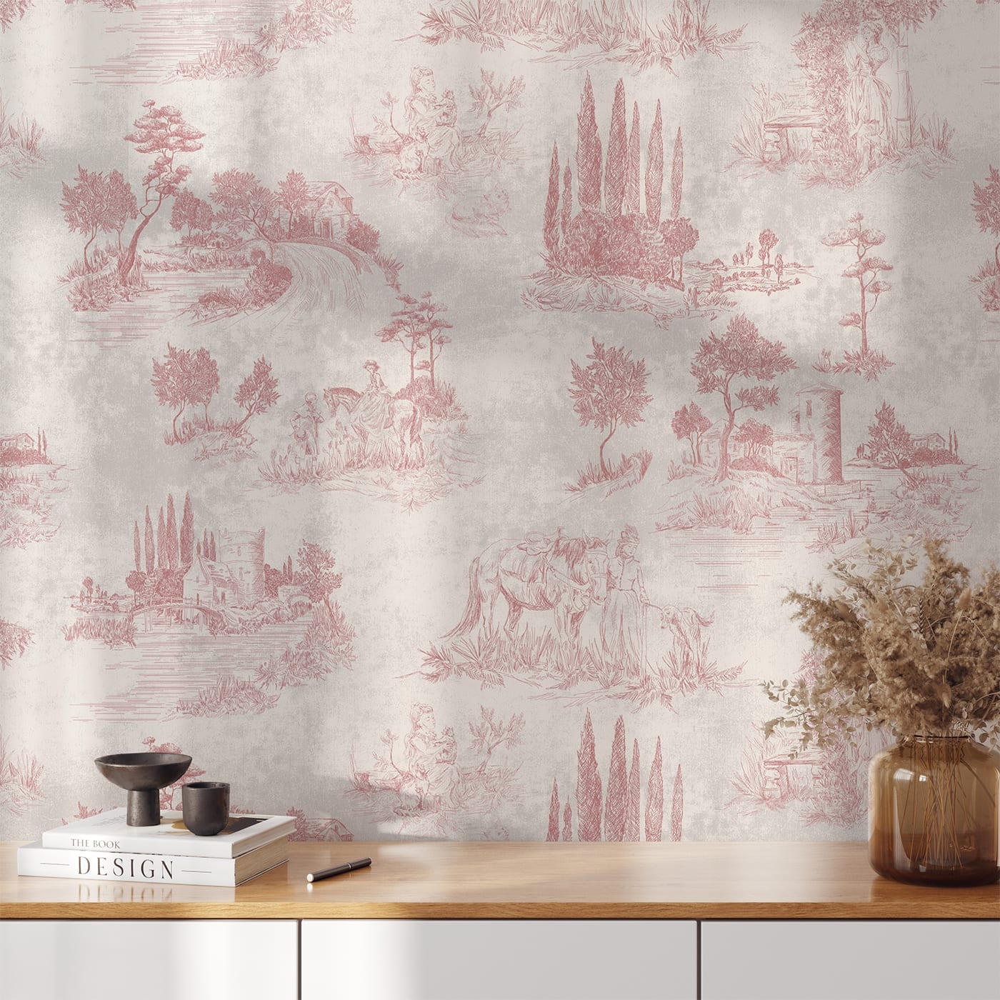 Wallpaper: Dusty Rose French Equestrian Pastoral Scenes