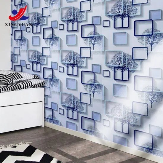 Wallpaper Layered Geometric Frames Blue Tree Silhouettes