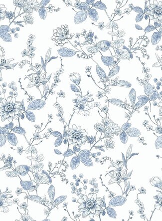 Wallpaper: Matte Hand Drawn Sketch Light Blue Botanical Wallpaper
