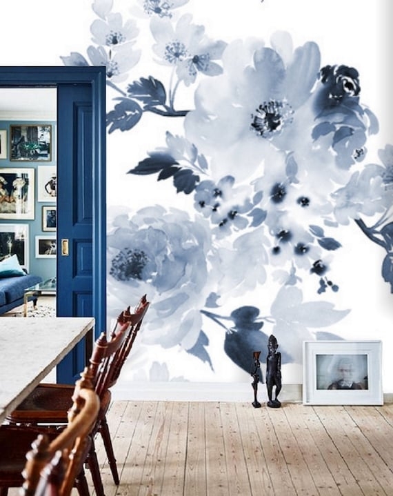 Wallpaper Mural: Oversized Floral Blue Floral Mural Wallpaper