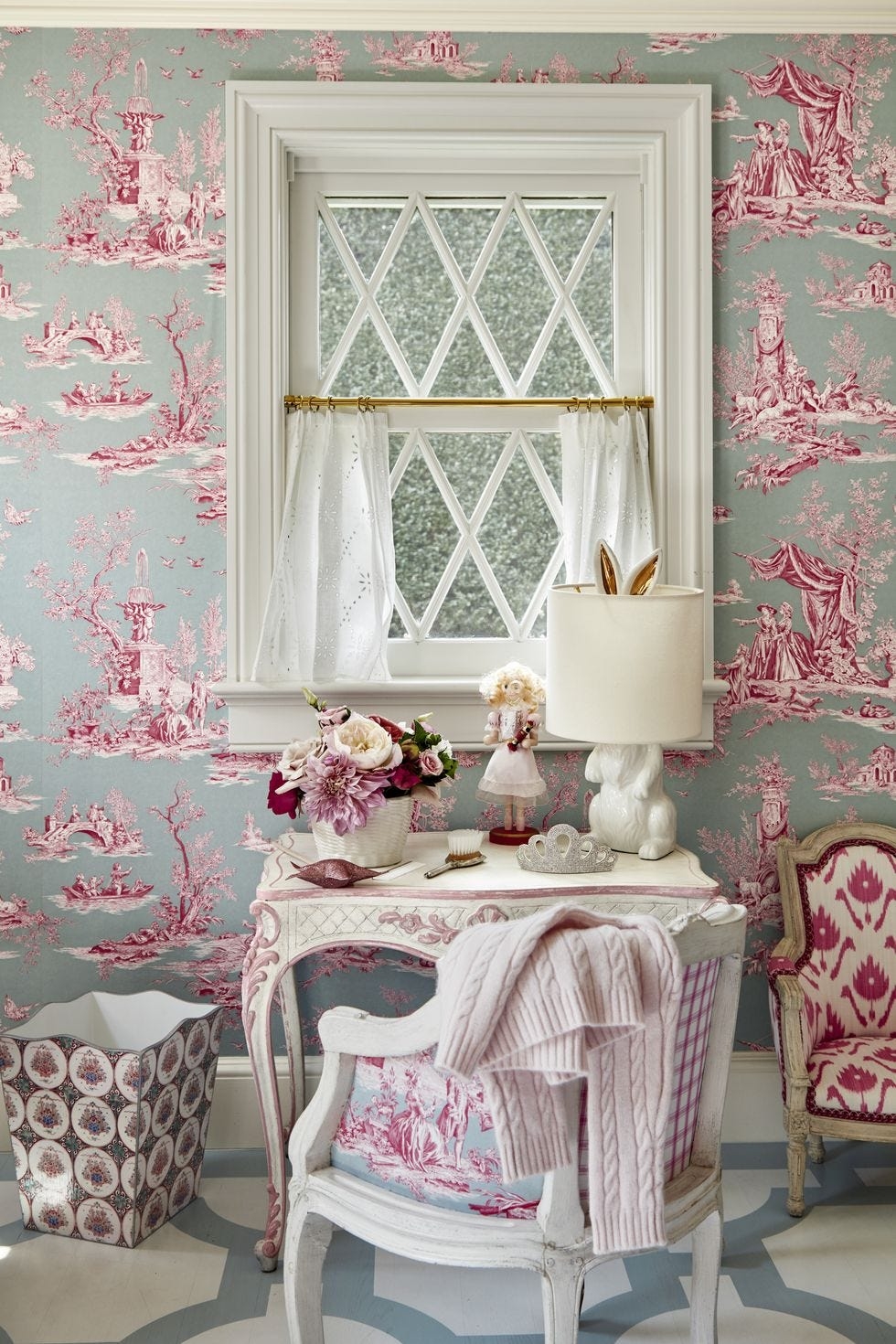 Wallpaper: Rabbit Lamp Toile In Rose Pink Vanity Nook Ideas