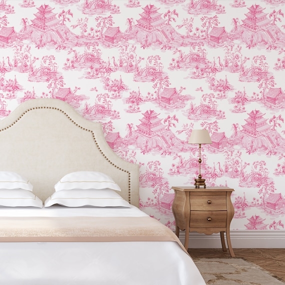 Wallpaper: Rose Pink Chinoiserie Toile Pagoda Decor