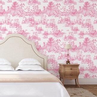 Wallpaper: Rose Pink Chinoiserie Toile Pagoda Decor
