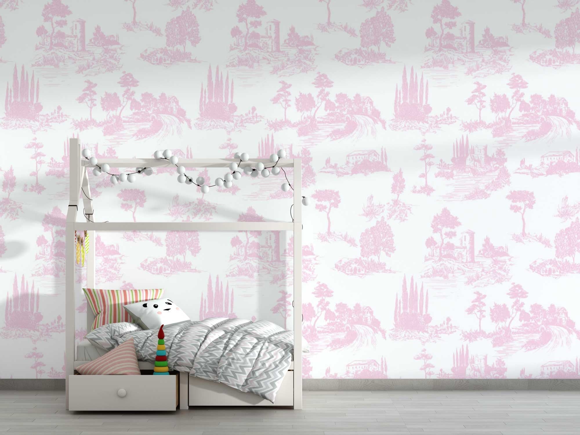 Wallpaper: Soft Pink Pastoral Landscape House Frame Bed