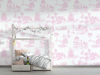 Wallpaper: Soft Pink Pastoral Landscape House Frame Bed