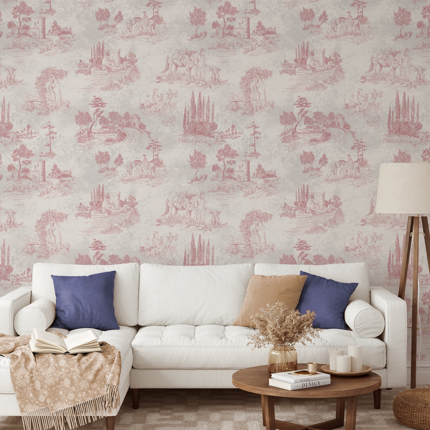 Wallpaper: Tufted Seating Dusty Pink Pastoral Scenes