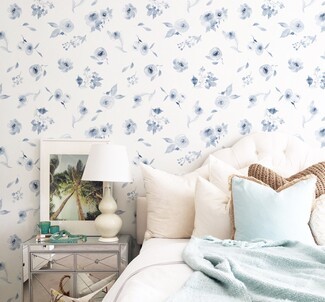 Wallpaper: Watercolor Blooms Sky Blue Floral Wallpaper Bedroom